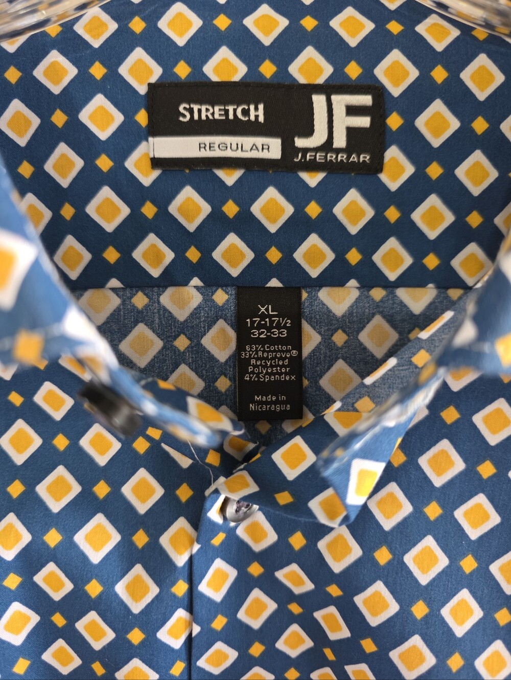 J. Ferrar Mens Size XL 17-17.5 Button Down Dress Shirt Geometric Blue White  NWT